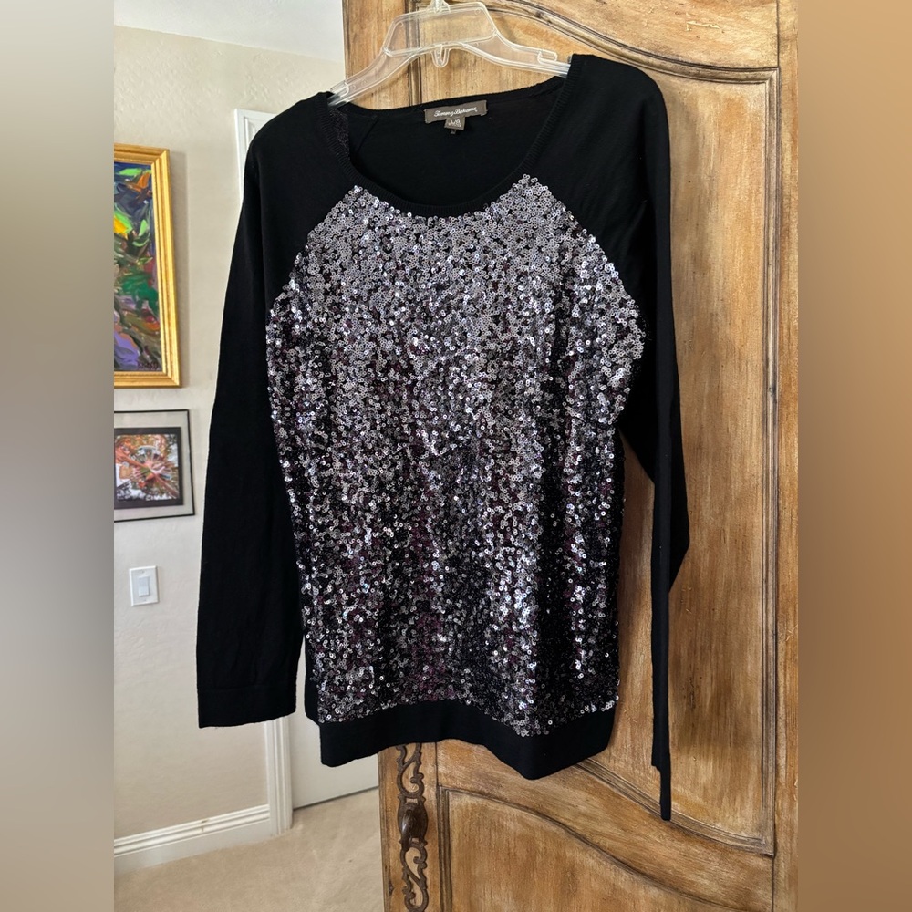 Tommy Bahama black sweater with sequined front. Size L
